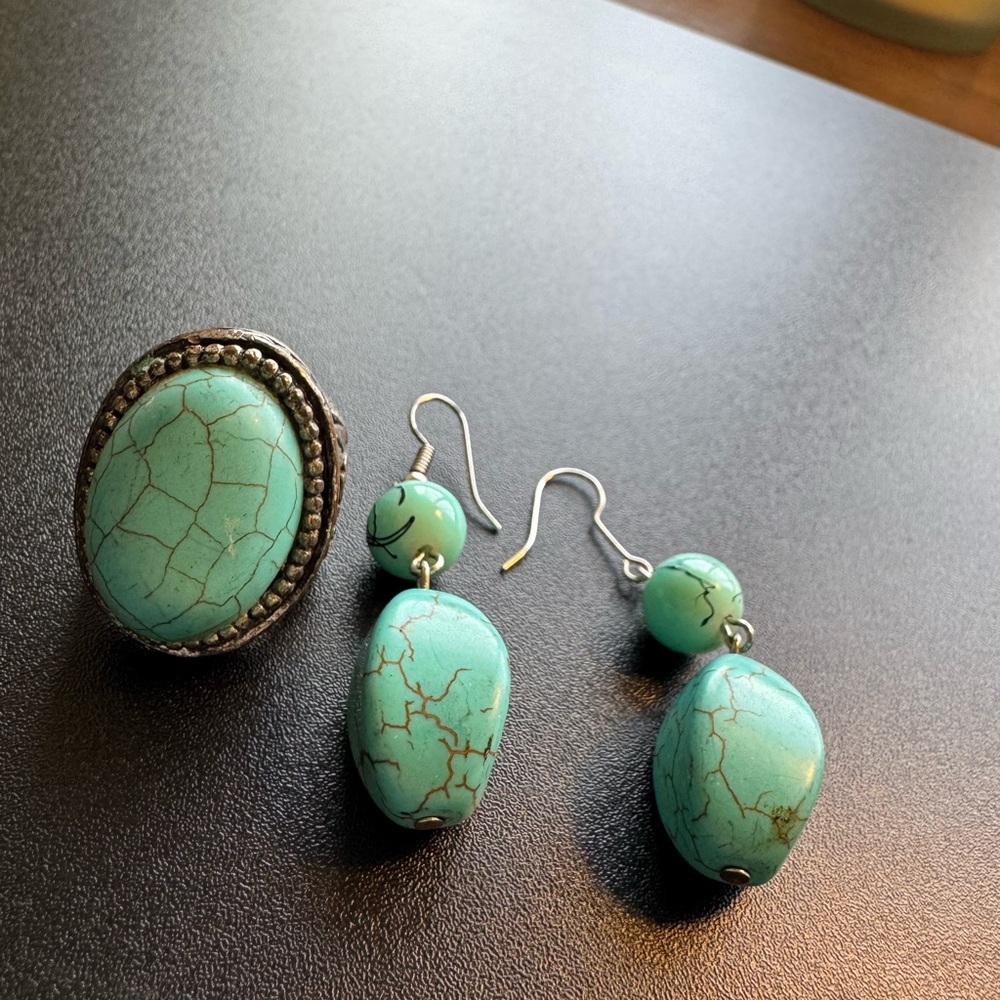 BUNDLE: Turquoise Stone Jewelry Set (Earrings
+ Ring)